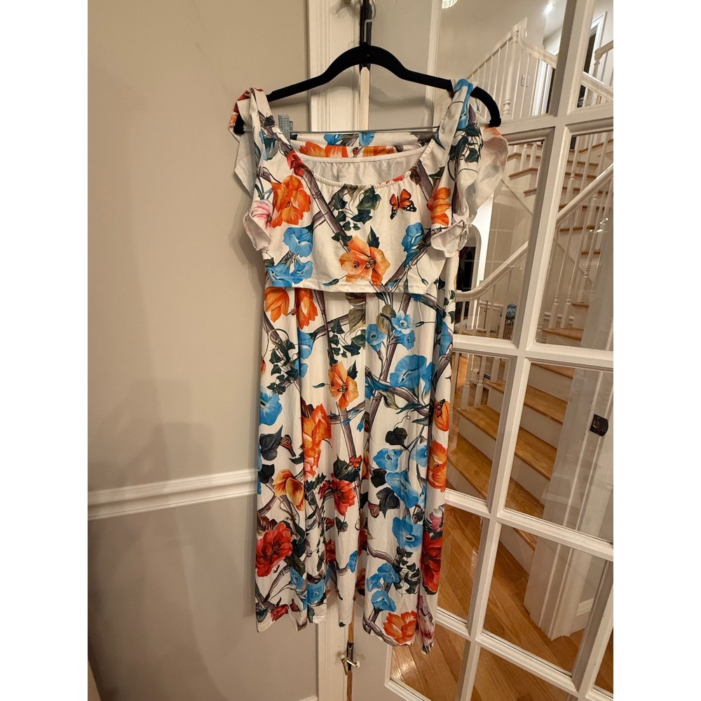 Floral Butterfly Two Piece Set Crop Top and Maxi Skirt White Orange Blue Small